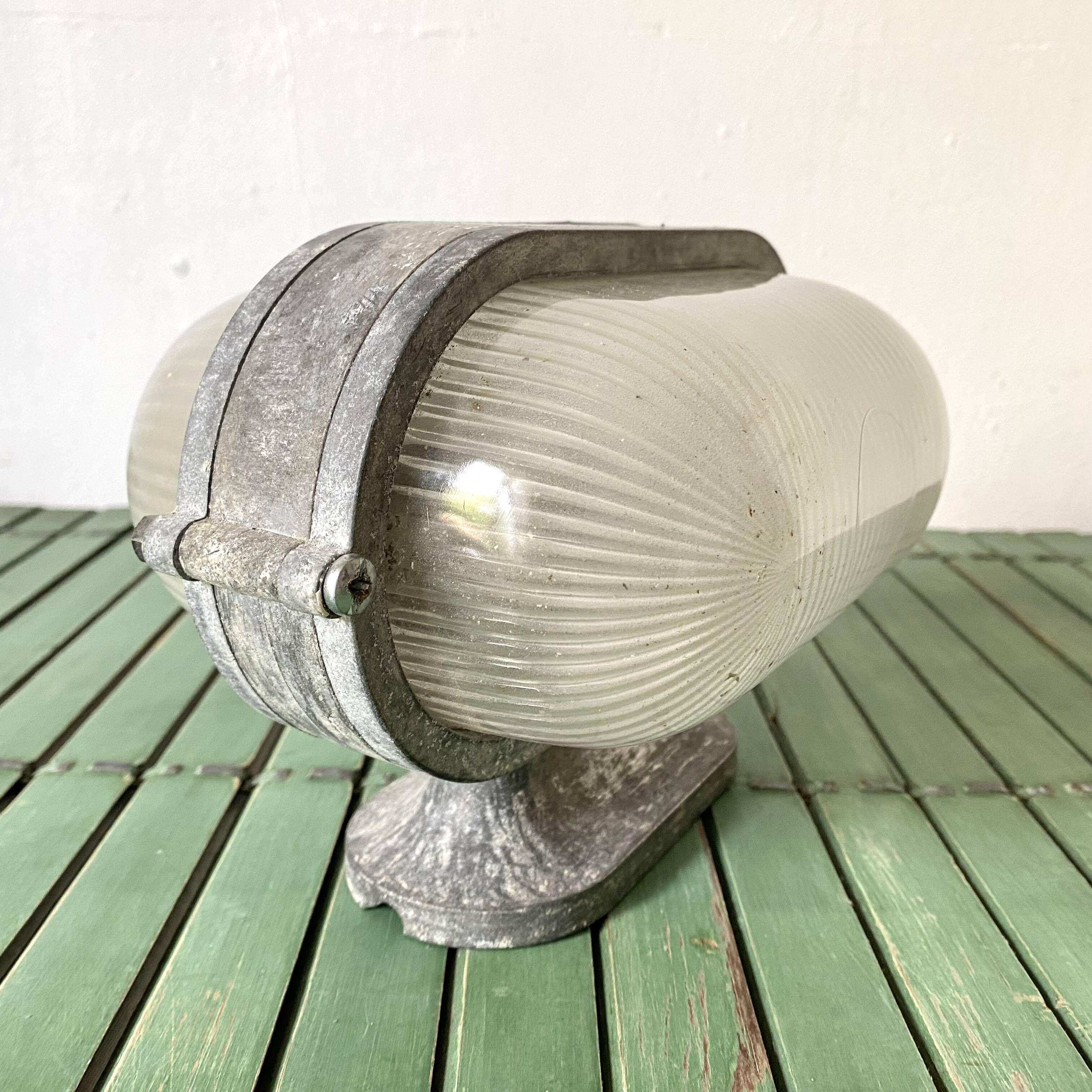 Vintage industrial double porthole applique, Holophane glass, rare model.