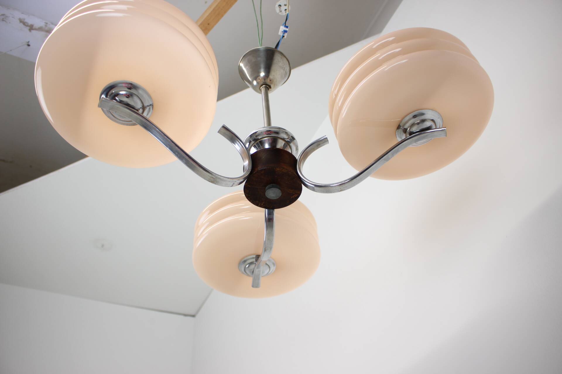 Art Deco Chrome and Pink Glass Chandelier, 1930's, Czechoslovakia