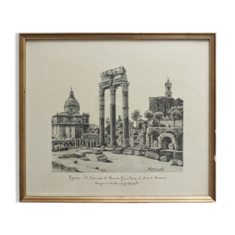 Framed lithograph reproduction drawing ruins of Rome by Antonio Carbonati vintage