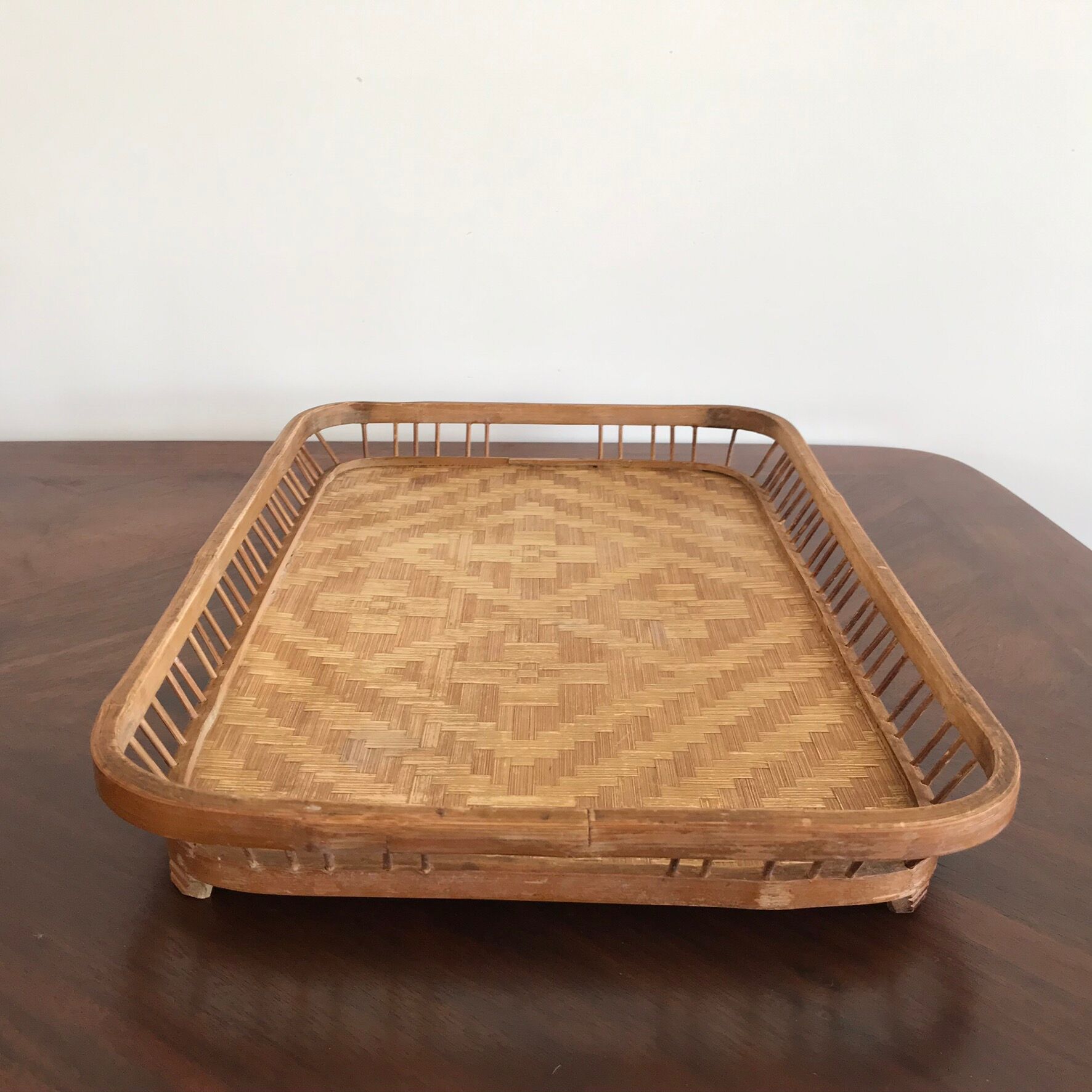 Vintage rectangular braided bamboo platter 1960