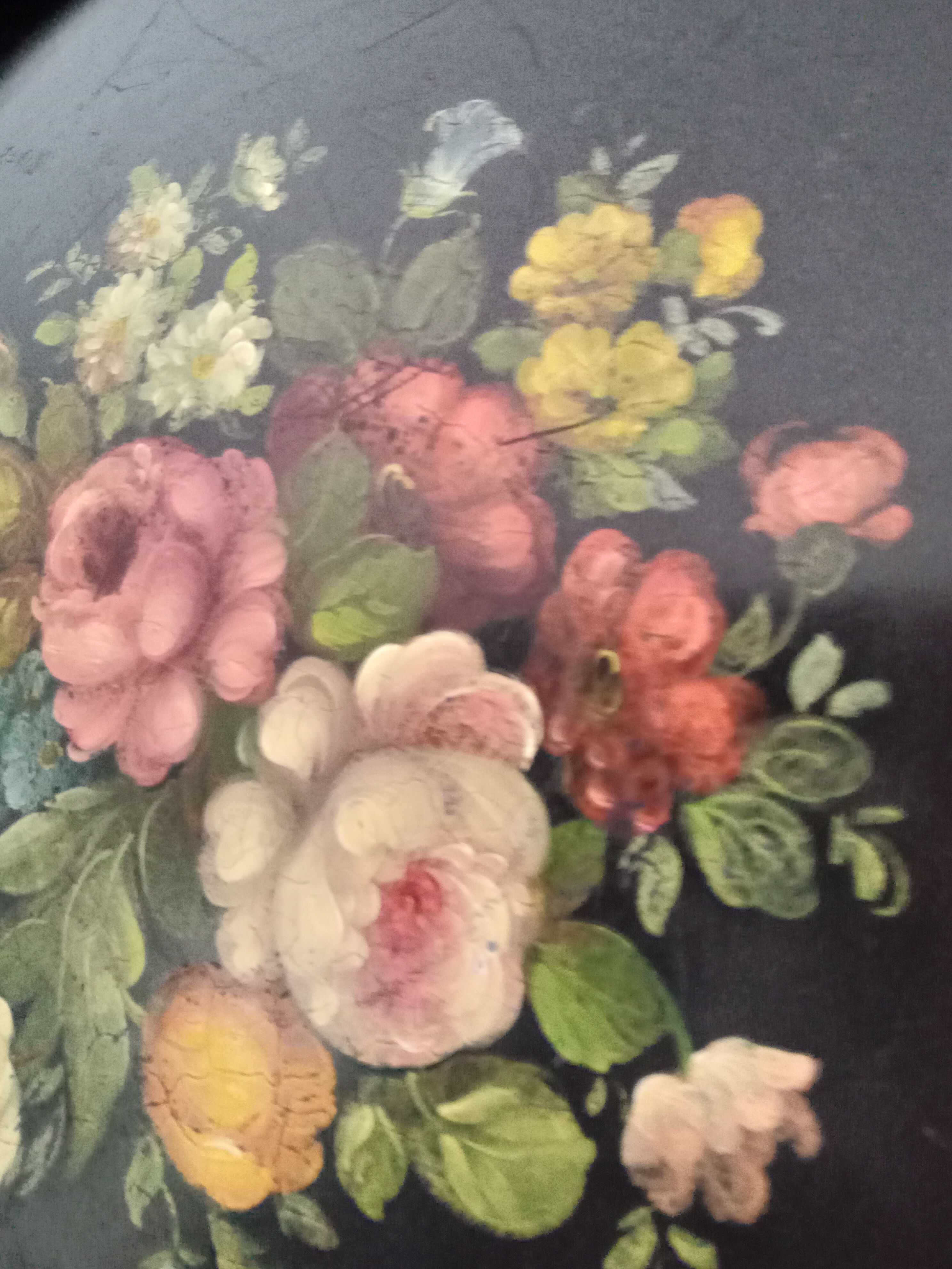 Large vintage round tray in black metal floral decoration hand-painted gold eder