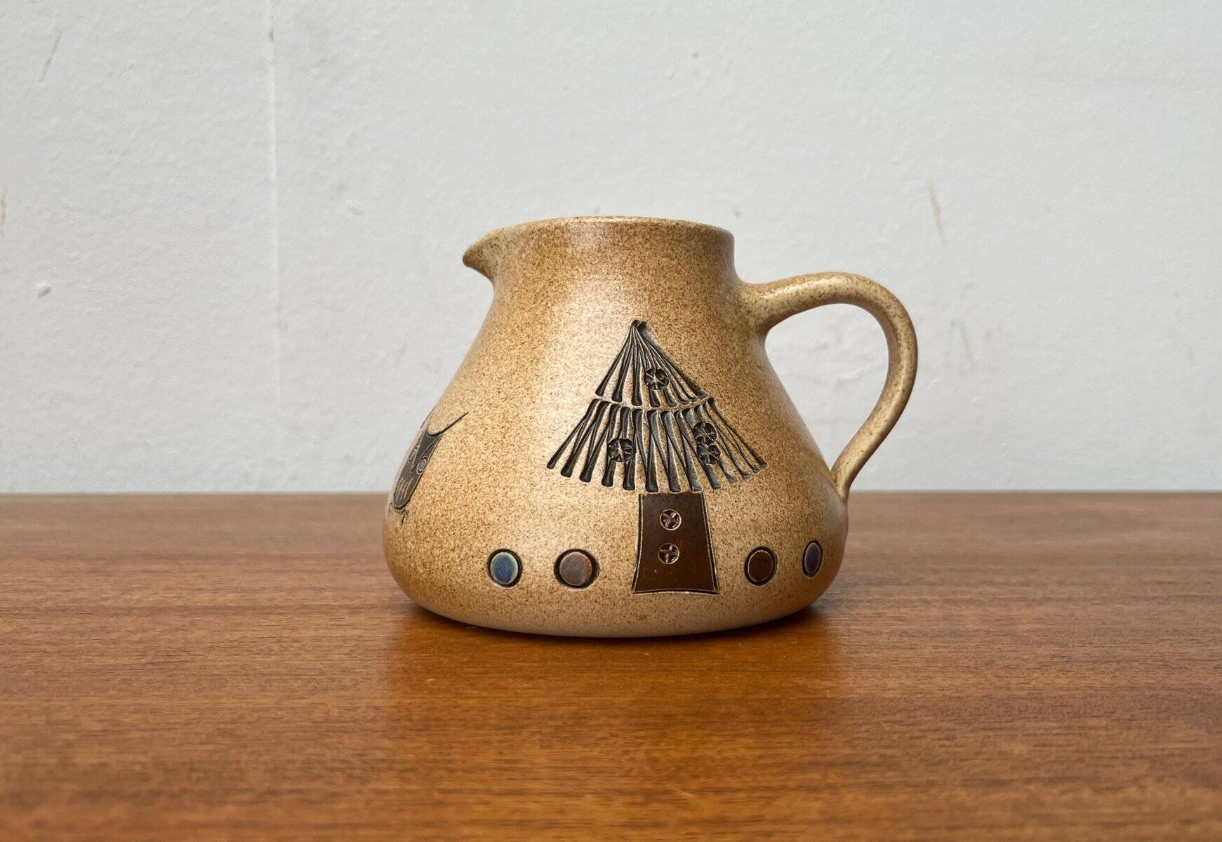 Mid-century German ceramic studio pitcher with owl motif by Heinz Theo Dietz, 1960s.