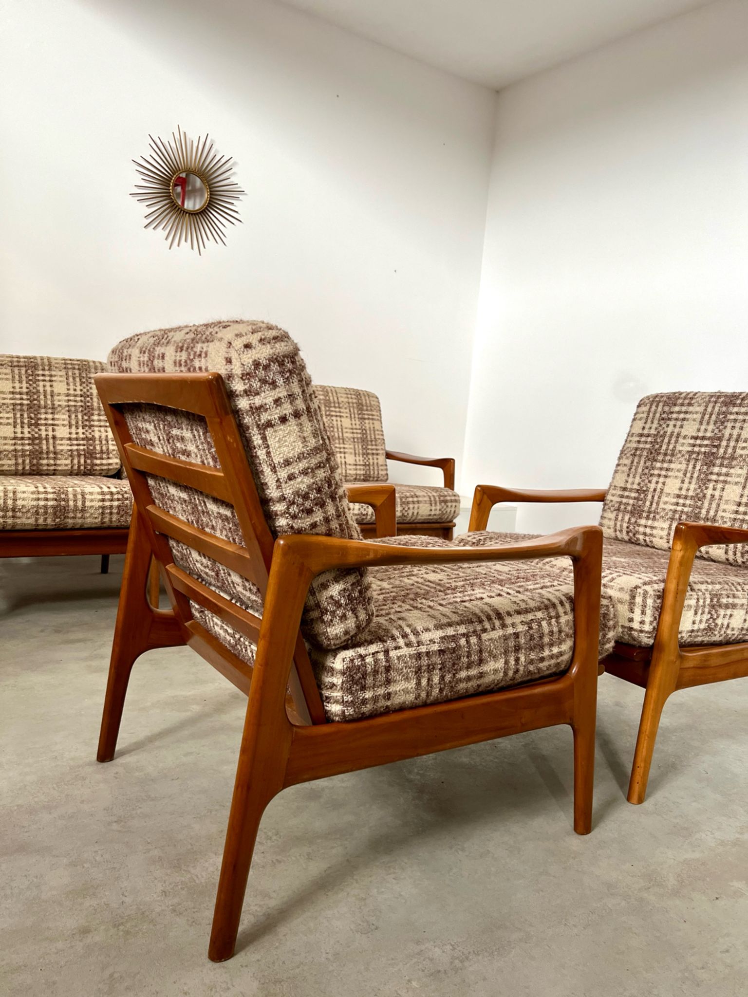 Lot armchairs and sofa 60 years Scandinavian design in vintage blond teak