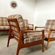 Lot armchairs and sofa 60 years Scandinavian design in vintage blond teak