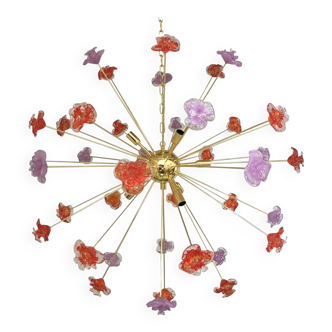 Suspension fleurs rouges et violettes verre de murano spoutnik