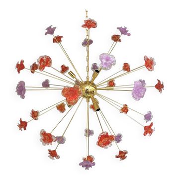 Suspension fleurs rouges et violettes verre de murano spoutnik