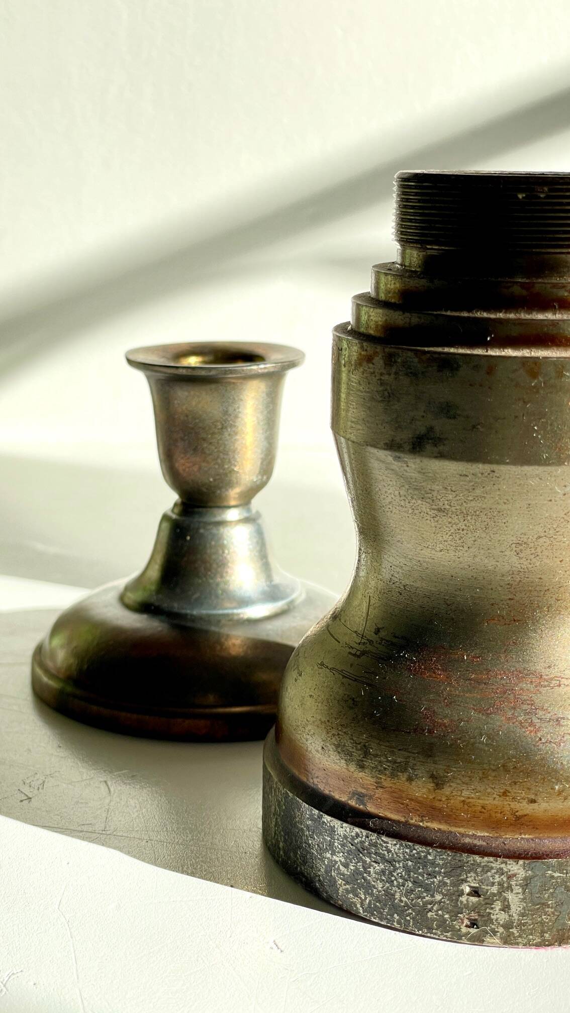 Industrial candle holders steel and silver bronze vintage