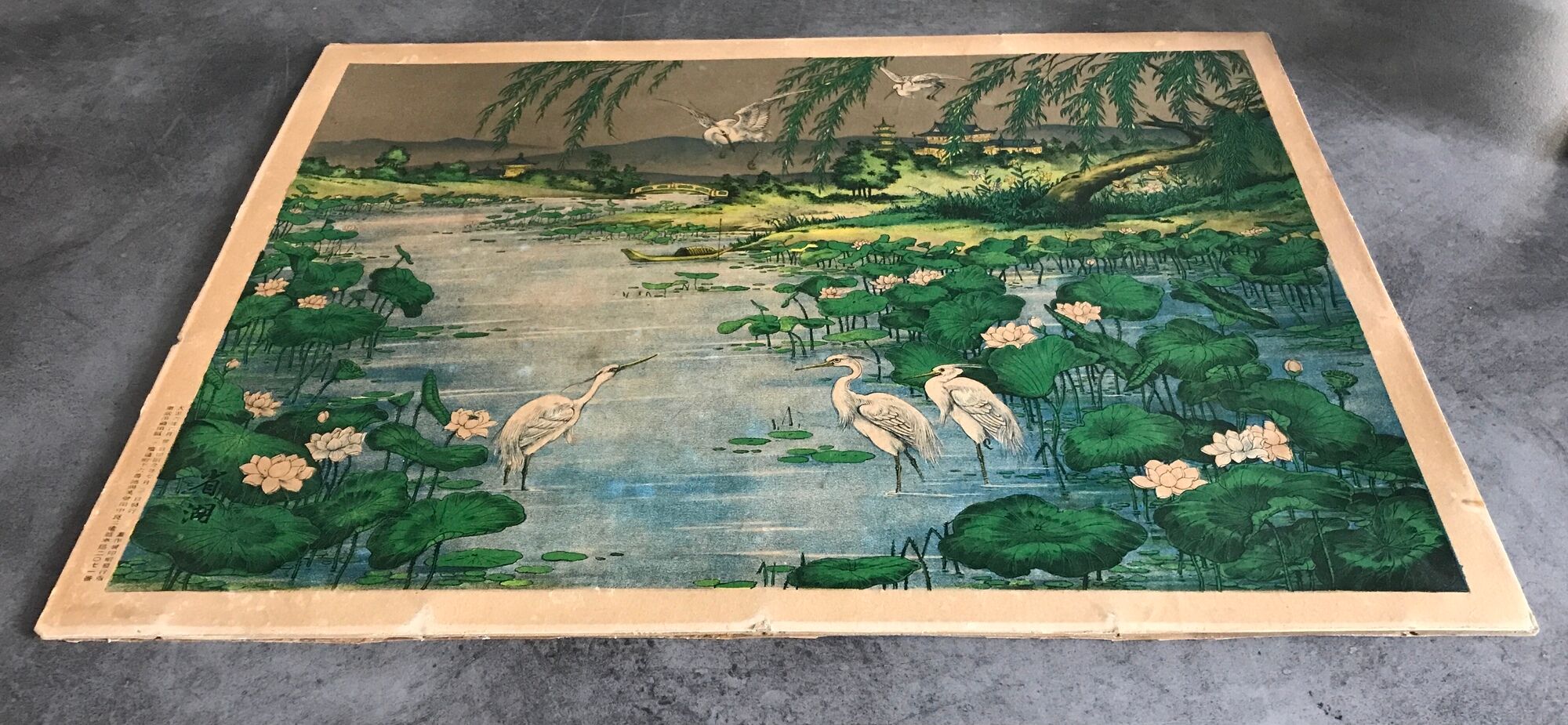 Ancient ESTAMPE of ASIA with Polychrome Decoration of Natural Landscape and Herons, XIXth
