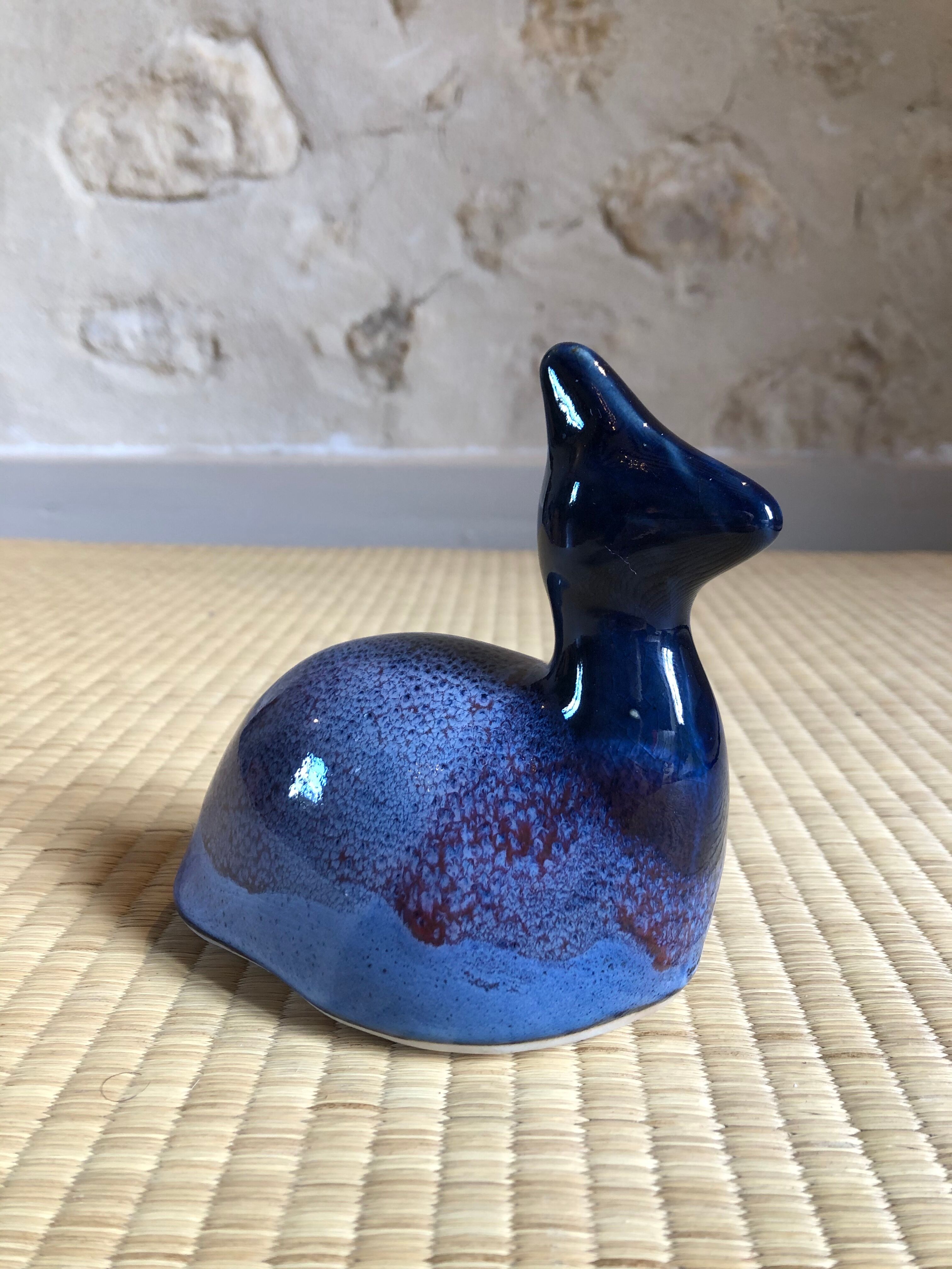 Ceramic animal figurine, pretty bluish enamel