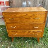 Ancienne Commode Bois 3 Tiroirs Années 70 Pieds Compas Vintage #B773