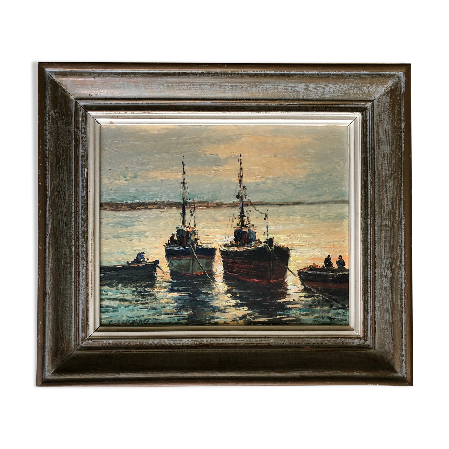 Oil on panel: fishing boats at sunset