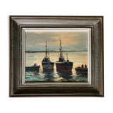 Oil on panel: fishing boats at sunset