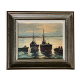 Oil on panel: fishing boats at sunset
