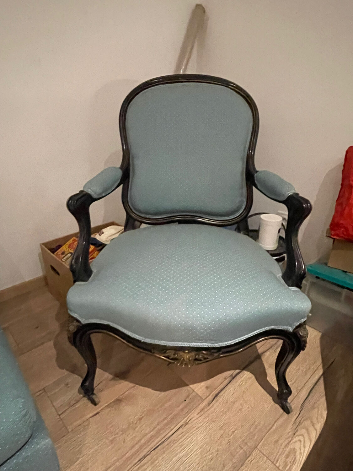 Banquette sofa circa 1970 blue fabric/yellow polka dots