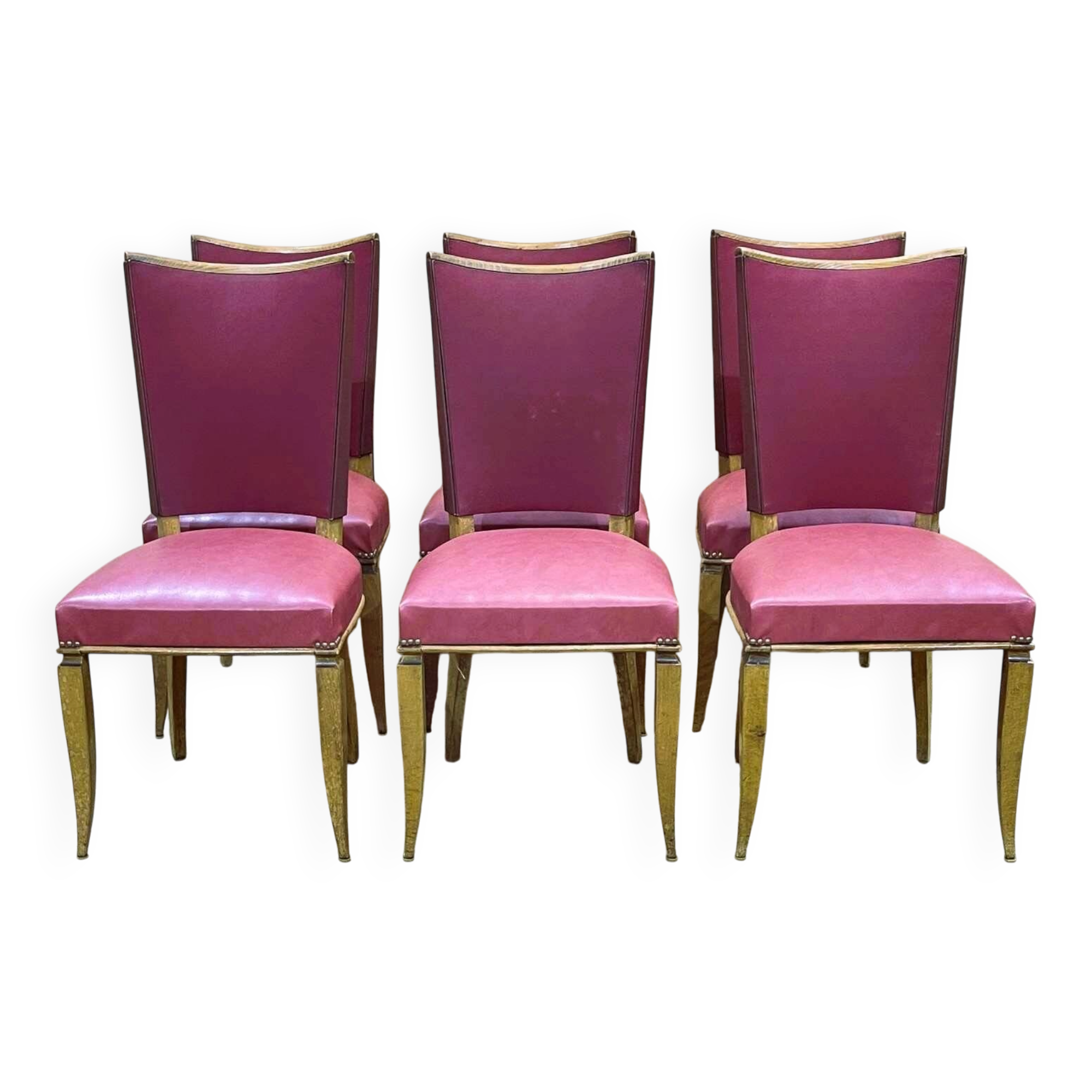 Set of 6 beech chairs with skai in the style of Jules Leleu.