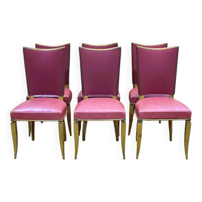 Suite de 6 chaises en hêtre et skaï dans le goût de Jules Leleu