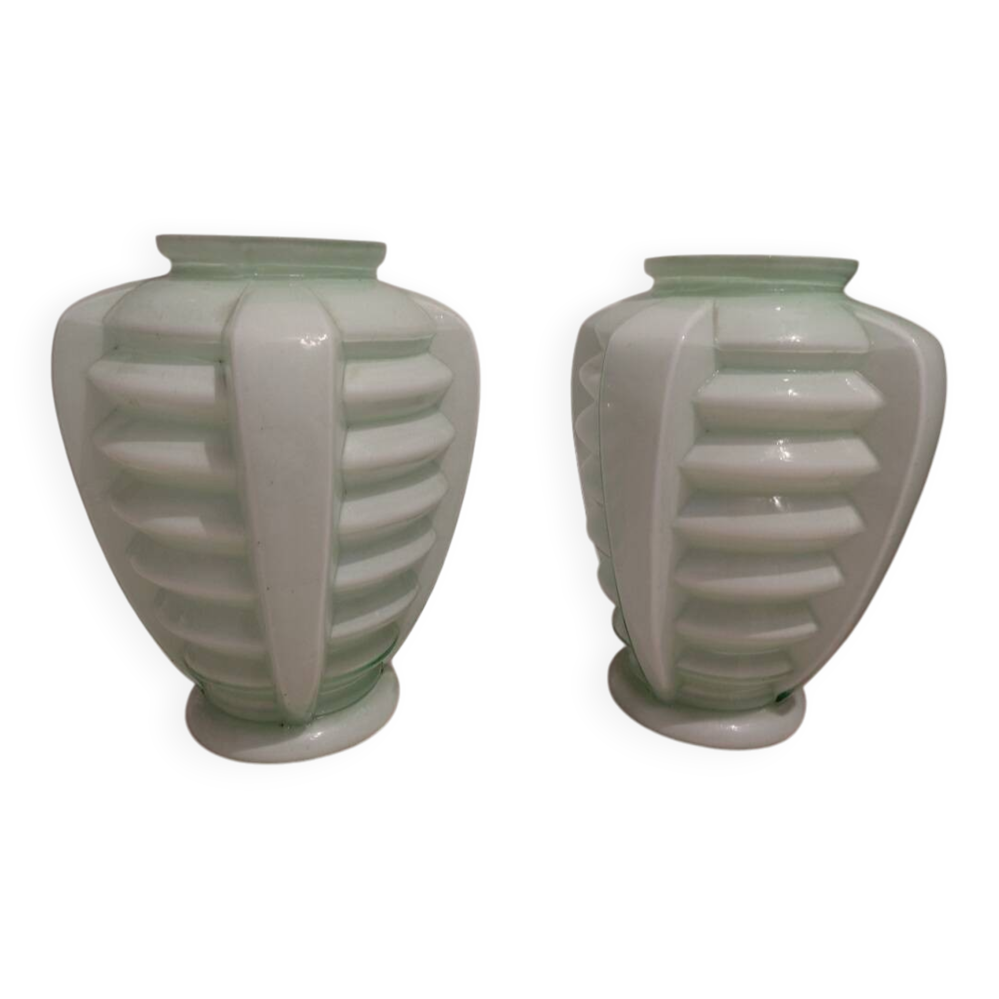 Set of two Art Deco uranium opaline skyscraper vases.