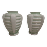 Set of two Art Deco uranium opaline skyscraper vases.