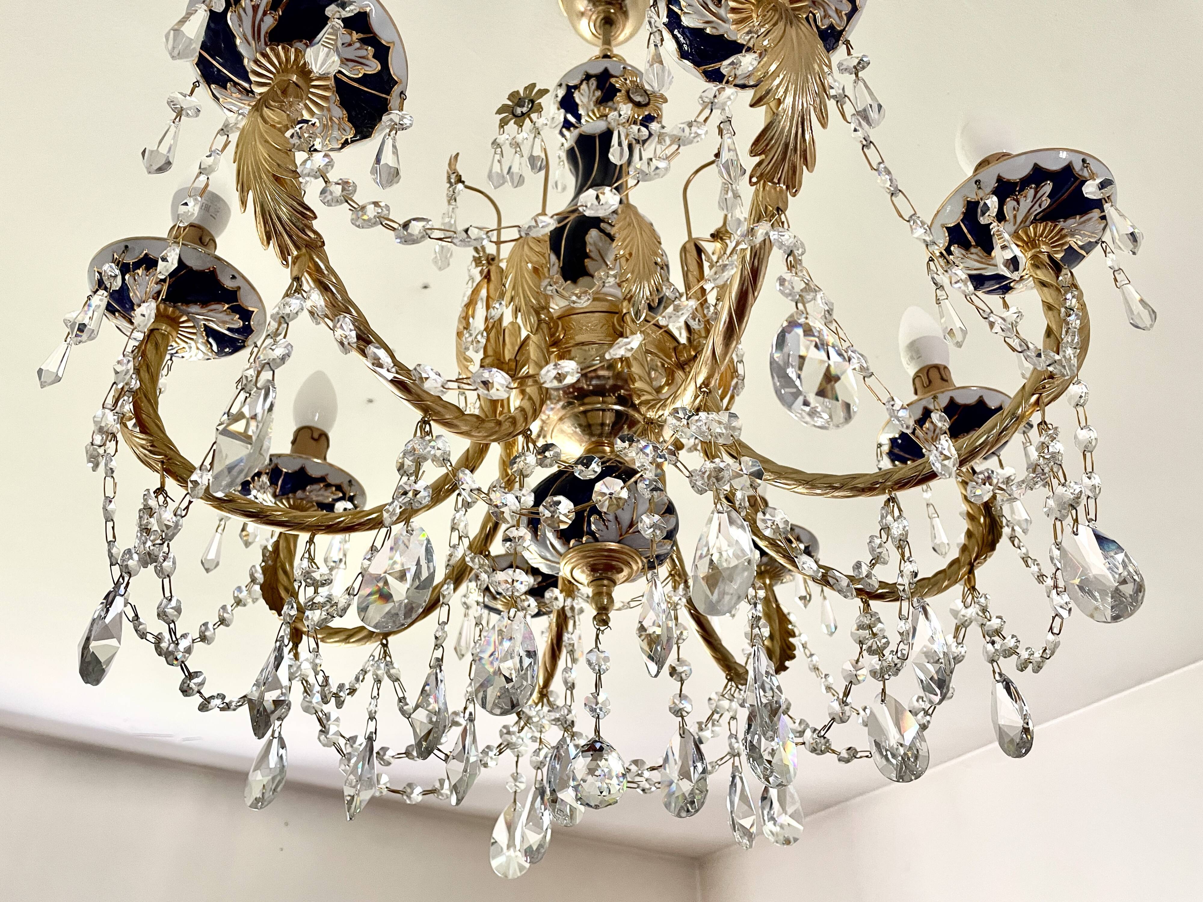 Large Russian chandelier in blue ceramic and crystal pendants, mid-20th century