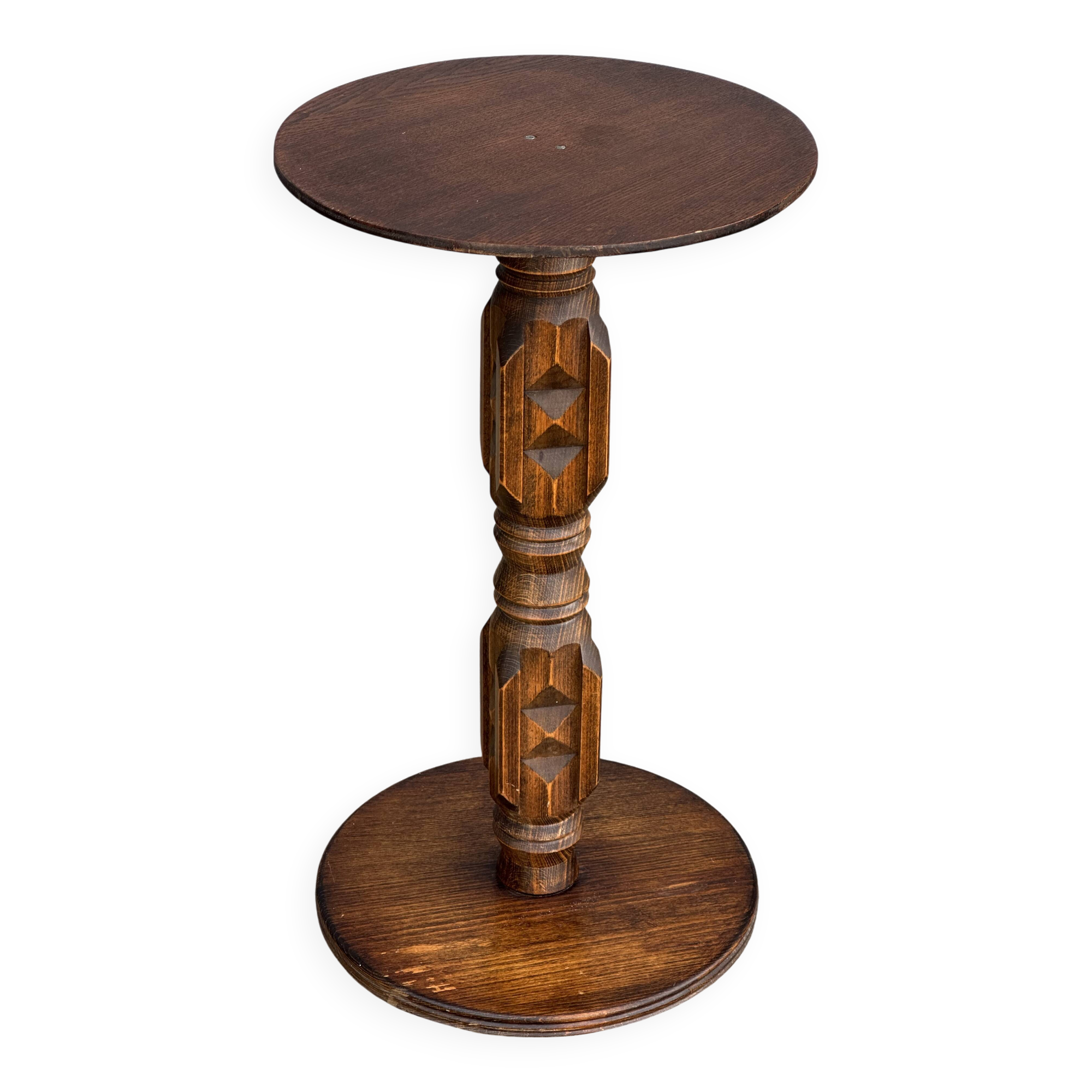 1930s carved wood side table - oak and pine