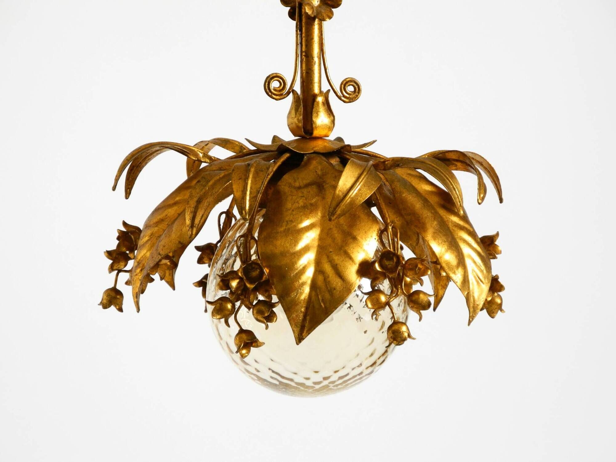 1970s gold-plated metal pendant lamp with a glass sphere by Hans Kögl