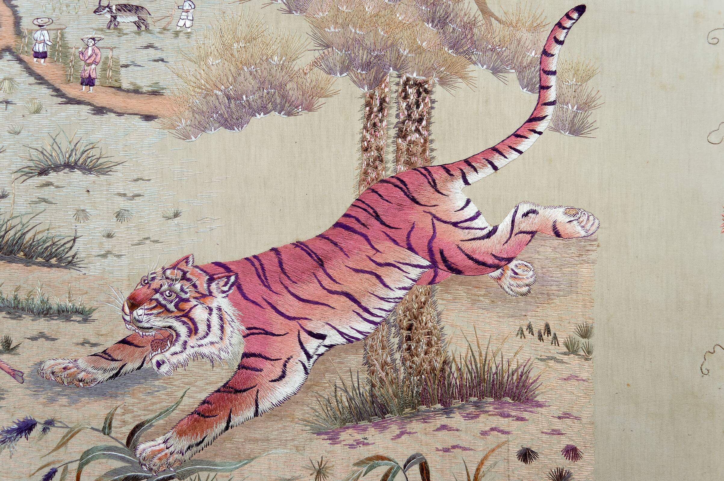 Important Set of Three Indochinese Silk Embroidered Tapestries