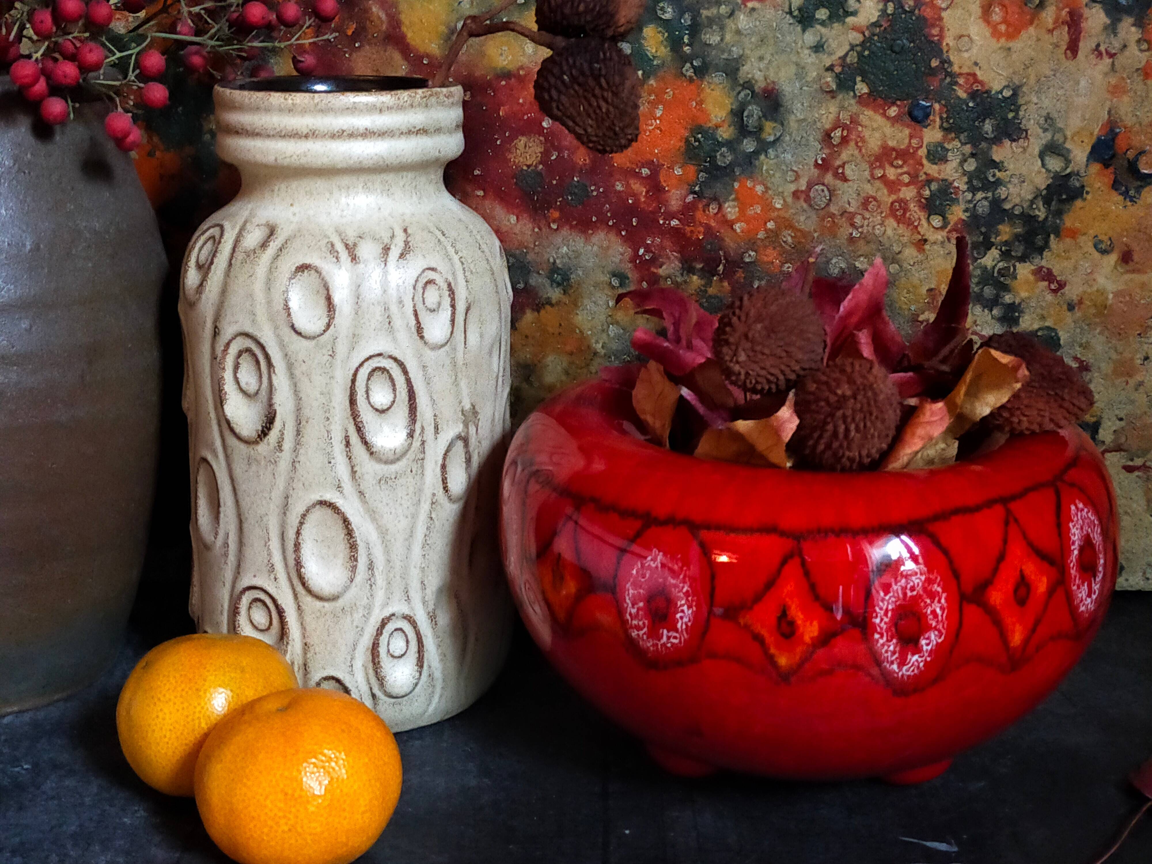 Vintage bright red enamel ceramic tripod vase