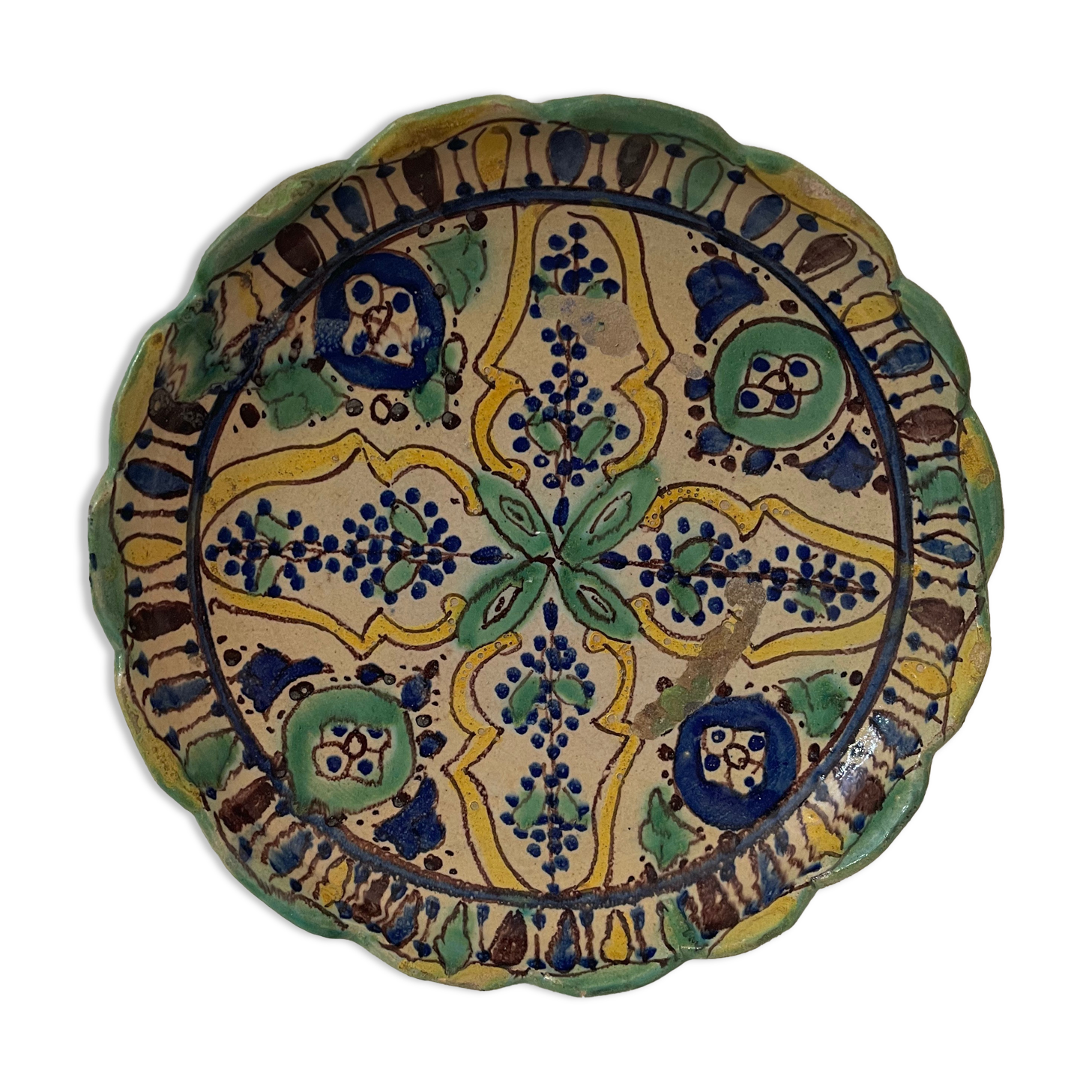 Tunisia ceramic round flat polychrome traditional XVIII e anonymous