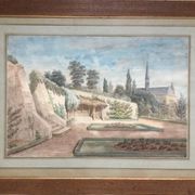 Le jardin de l’abbaye.Aquarelle XIXe monogrammée
