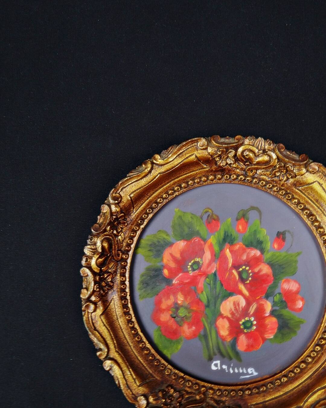 Still life in Tondo oil on panel of a bouquet of poppies signed