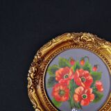 Still life in Tondo oil on panel of a bouquet of poppies signed