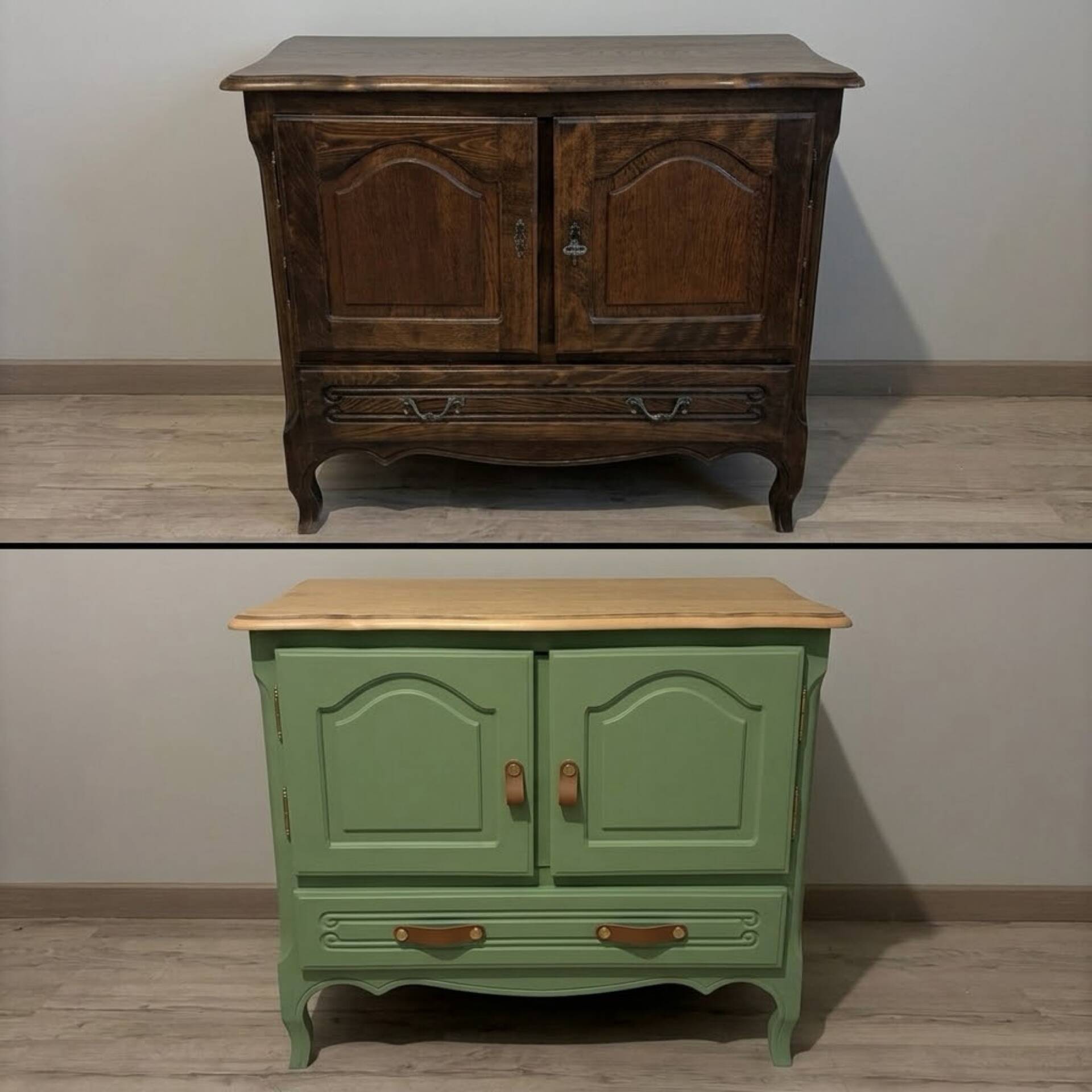 Buffet ancien rénové vert sauge - plateau en chêne