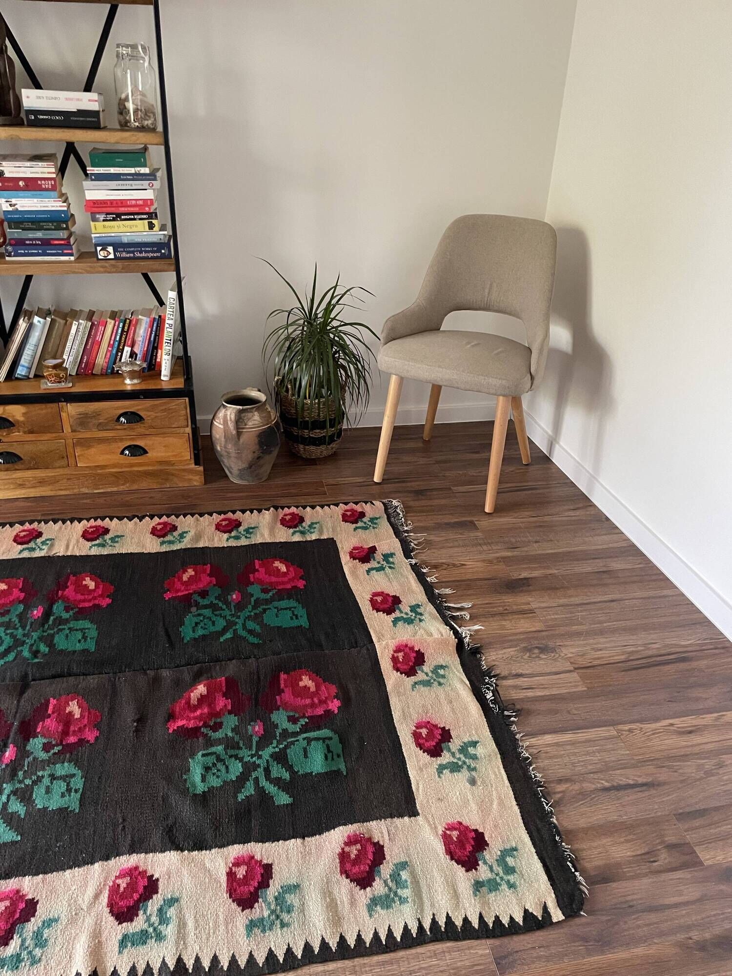 Very Old Romanian floral handwoven carpet made in wool, bohemian design