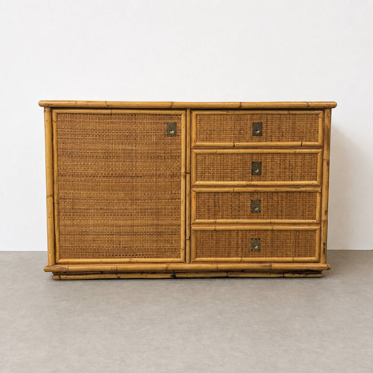 Vintage buffet in rattan and bamboo, Italy, circa 1970.