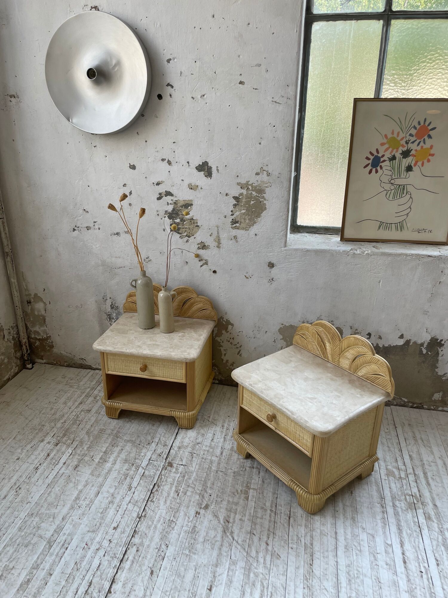 Pair of travertine bedside and rattan palm tree "vivai del sud"