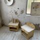 Pair of travertine bedside and rattan palm tree "vivai del sud"