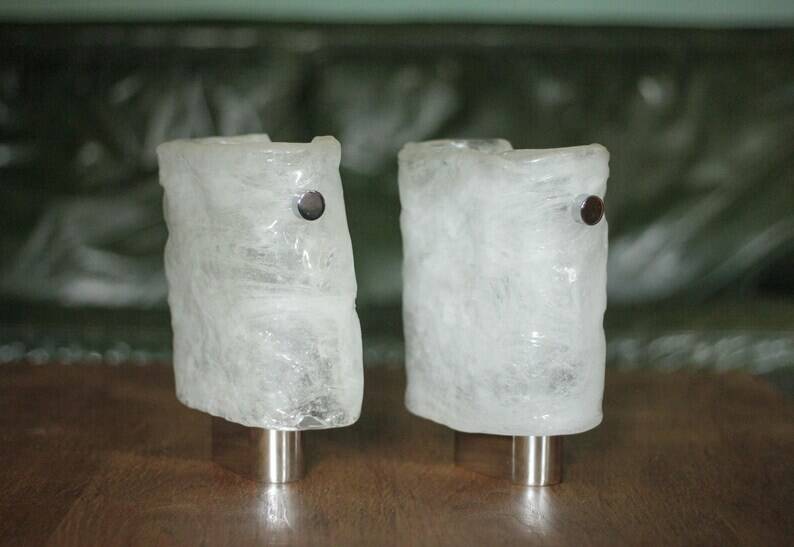 Pair of chrome wall sconces with Murano glass, wall light, art of glass, interior decoration.
