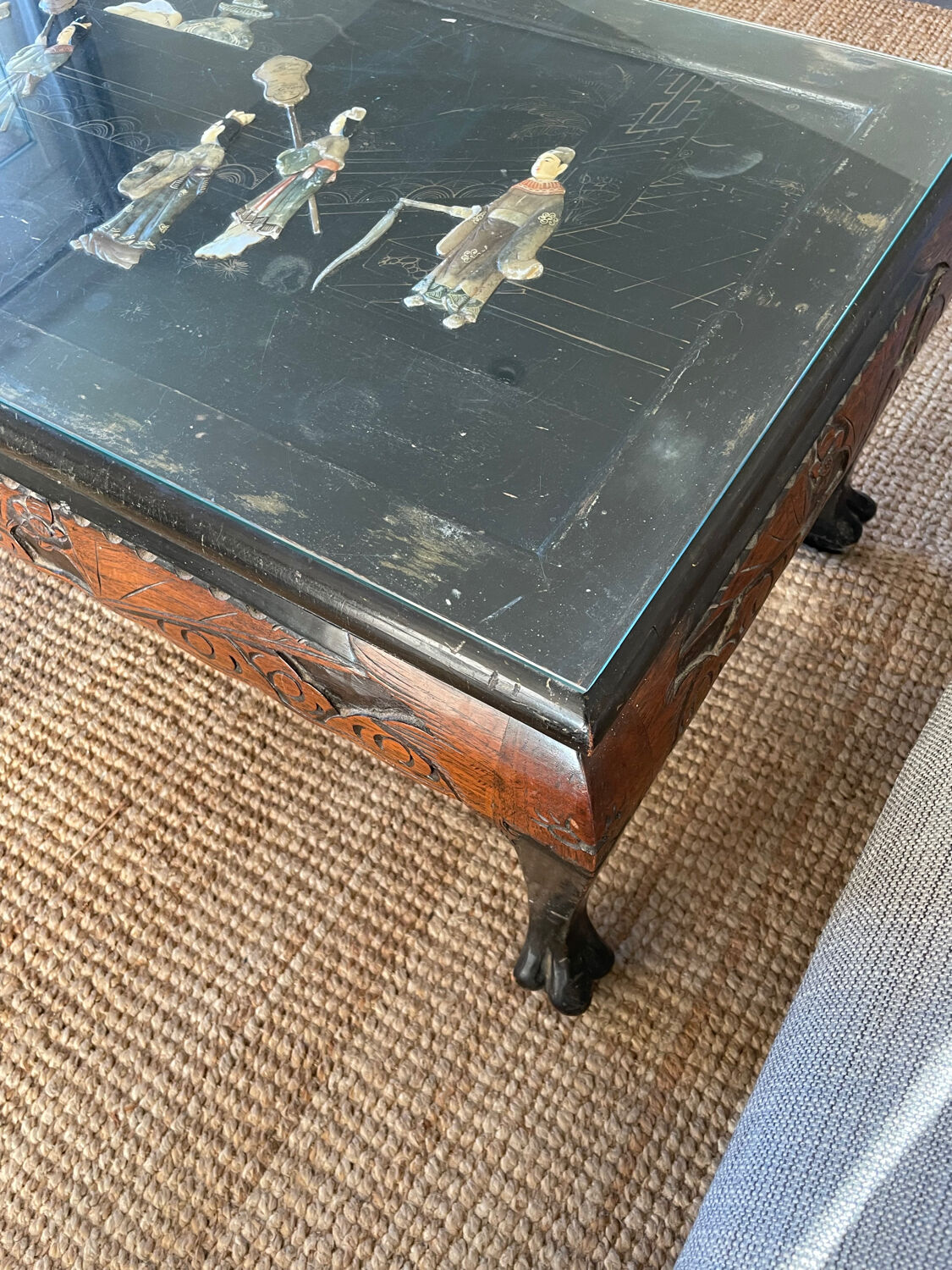 Carved wooden coffee table, Chinese craftsmanship.