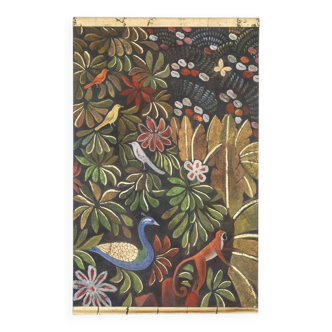 Painted canvas depicting animals on a floral background. Contemporary.