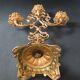 Antique three-light openwork brass church candelabrum.