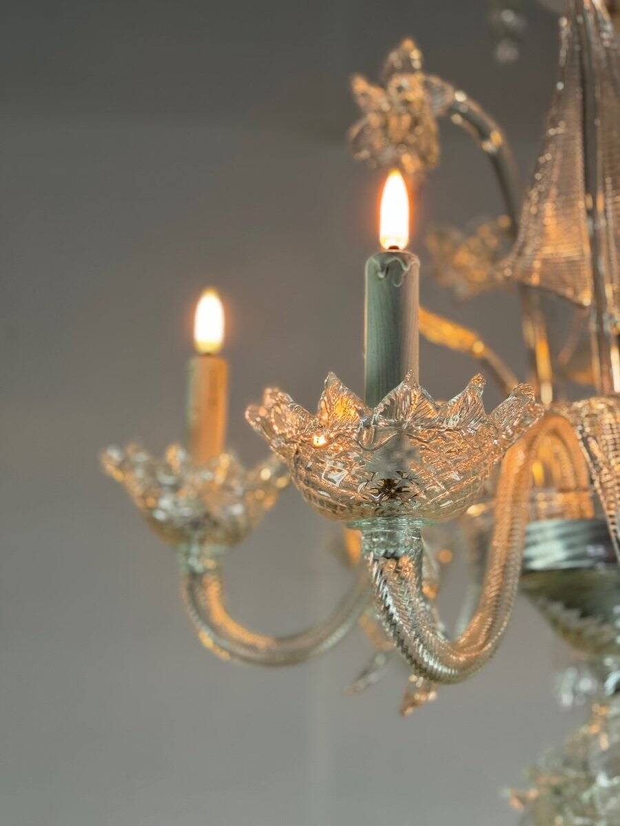 Venetian chandelier in colorless murano glass, 6 arms of light circa 1950
