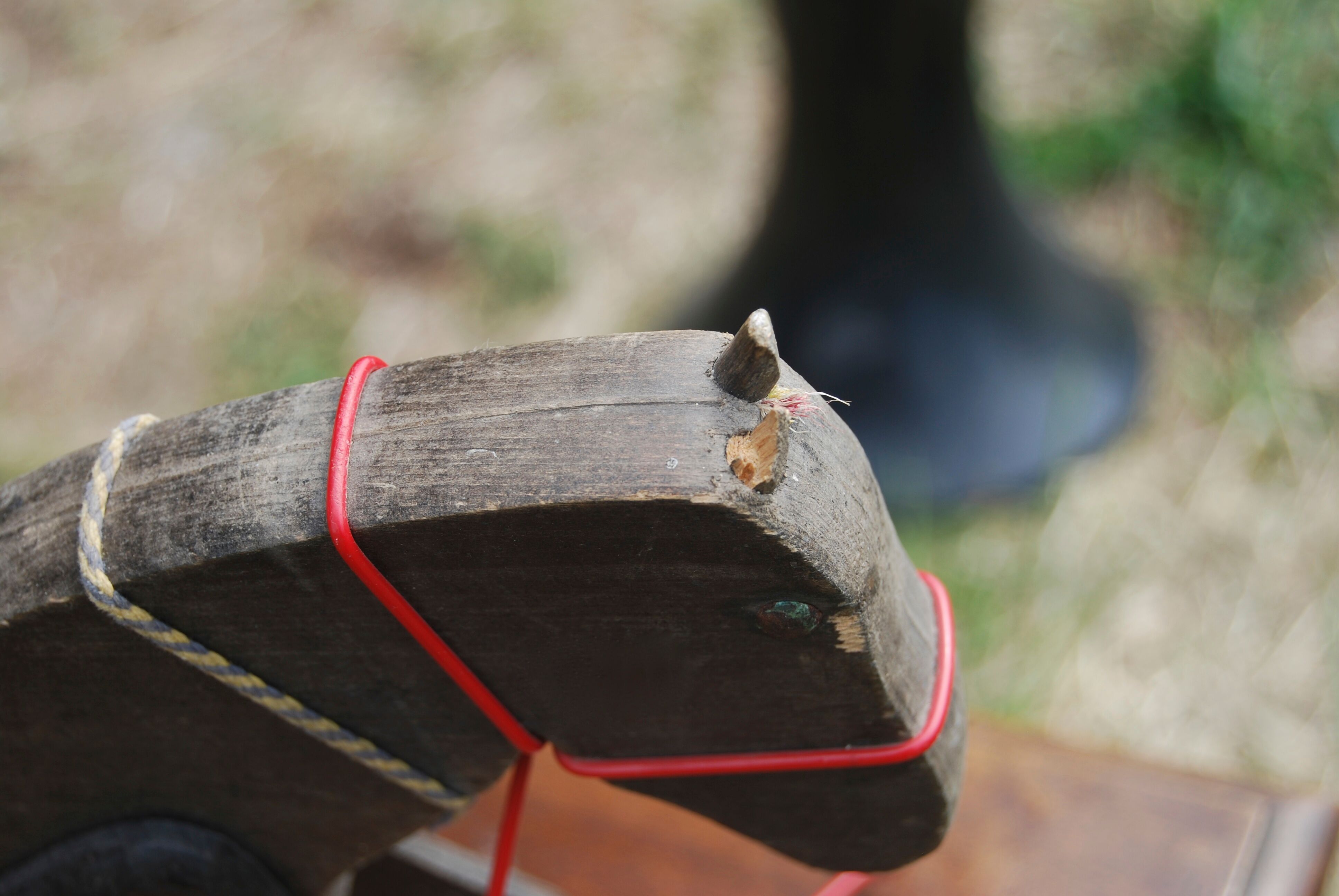 Old wooden toy Dejou. Hitch, horse and cart.