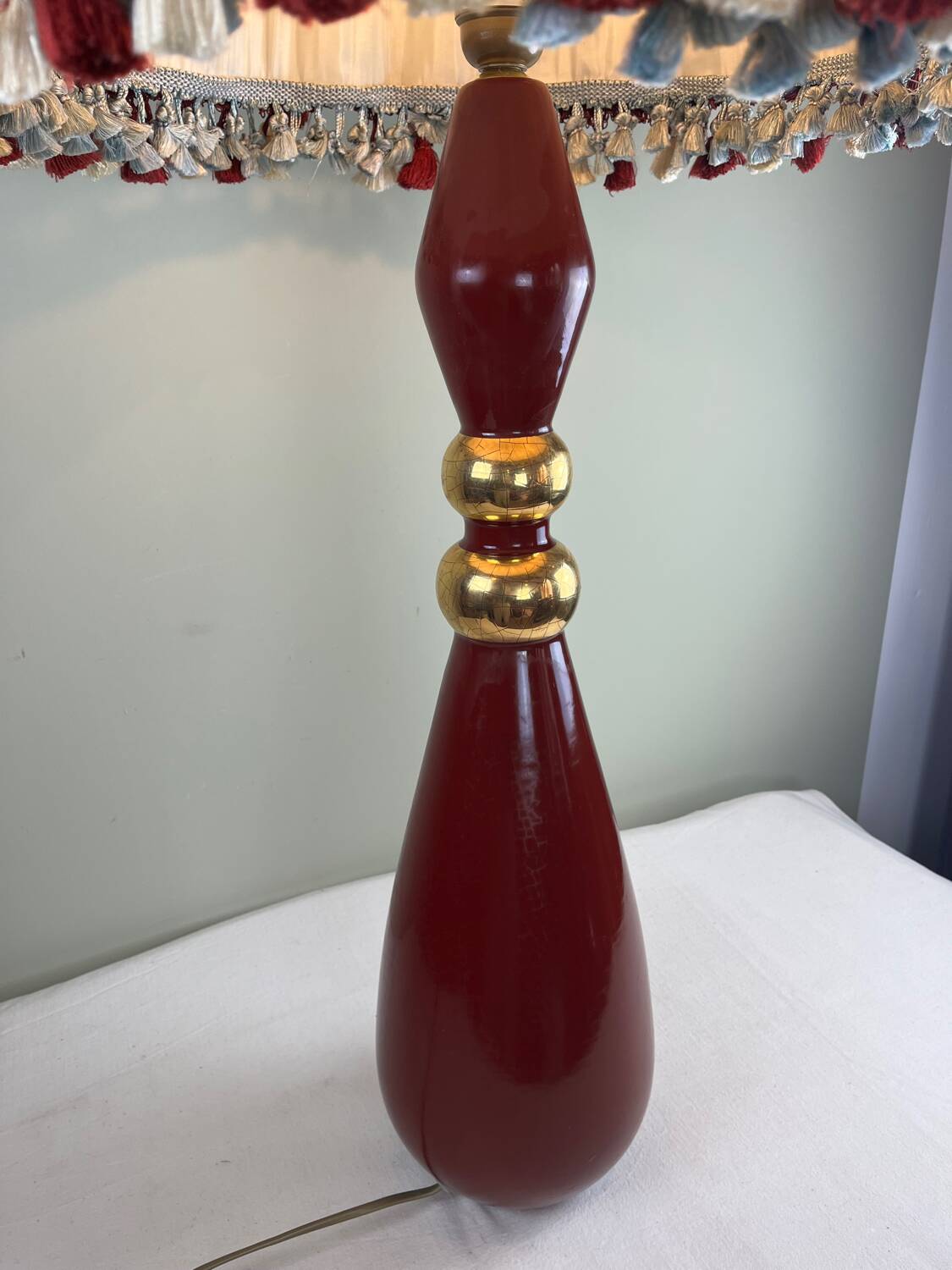 Grande lampe vintage en céramique rouge signée Drimmer – abat-jour pl