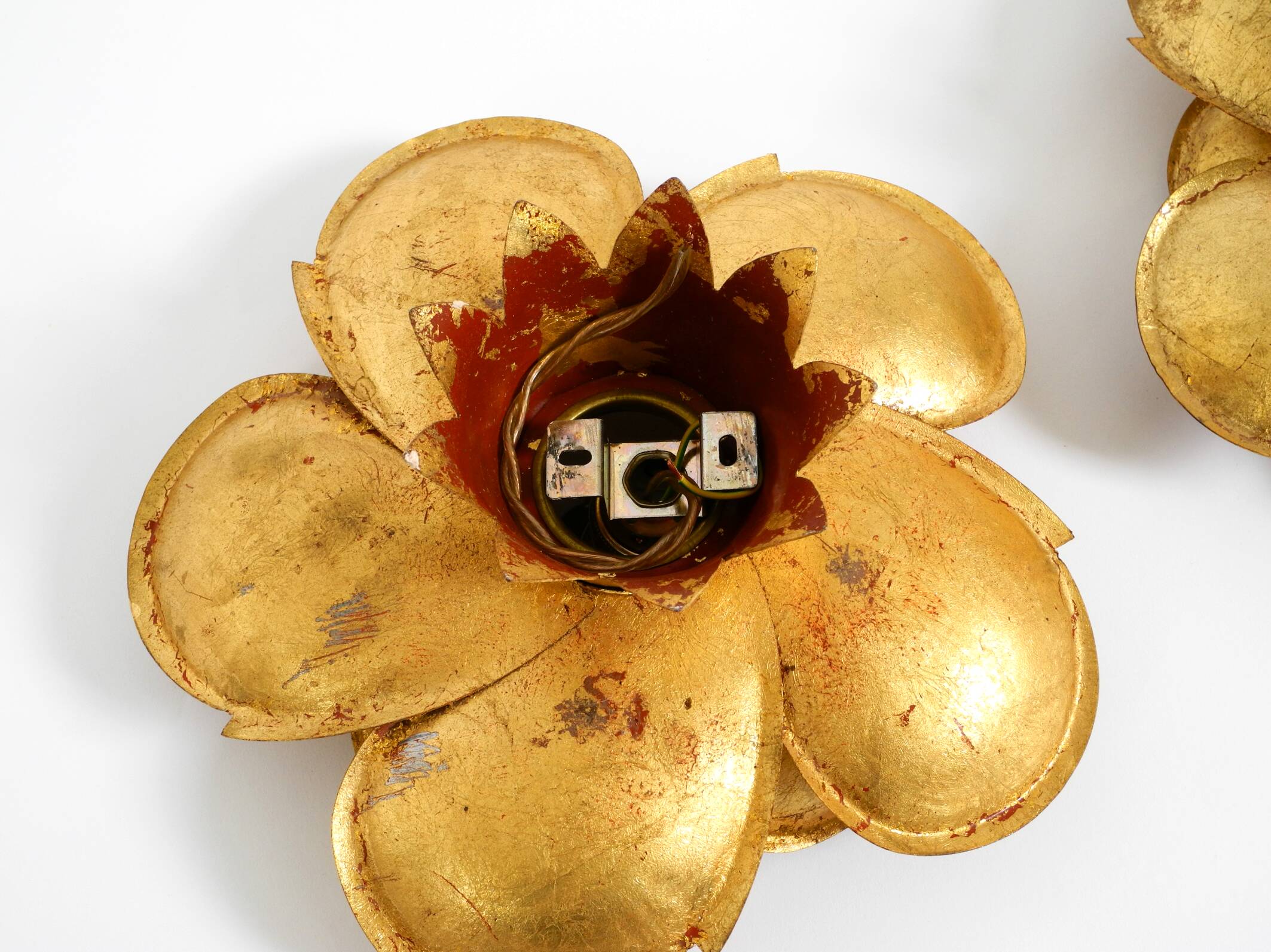 Two beautiful, large, gilt wall lamps, "Water Lily," Italy, 1960s