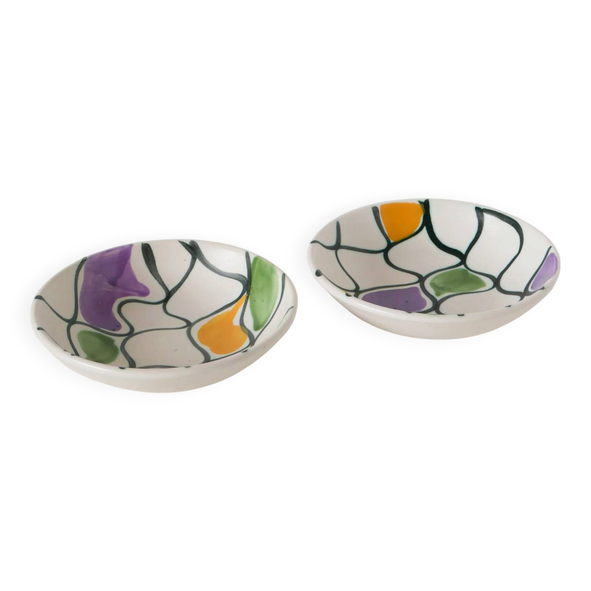 Pair of ceramic ramekins, abstract patterns in yellow, purple and green, Pornic model, 1960.