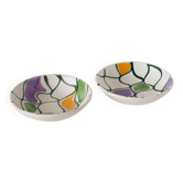 Pair of ceramic ramekins, abstract patterns in yellow, purple and green, Pornic model, 1960.