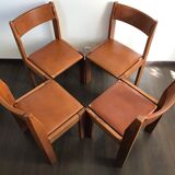 Set of 4 elm chairs and leather, 80s