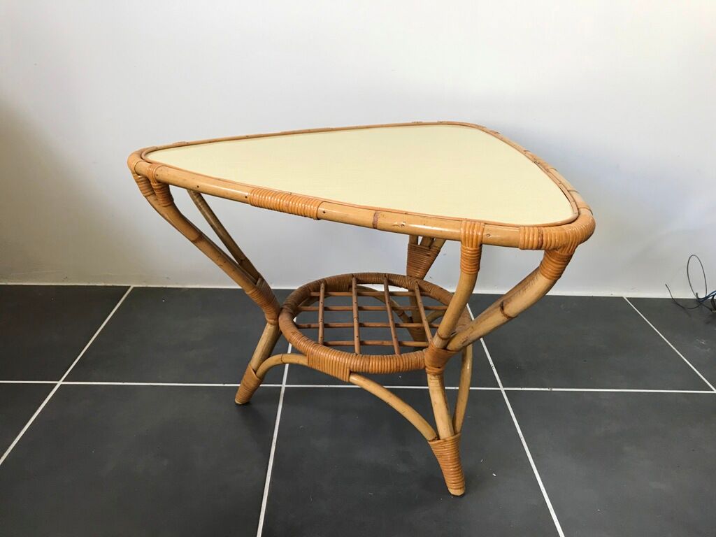 Table basse rotin et formica vintage 1970