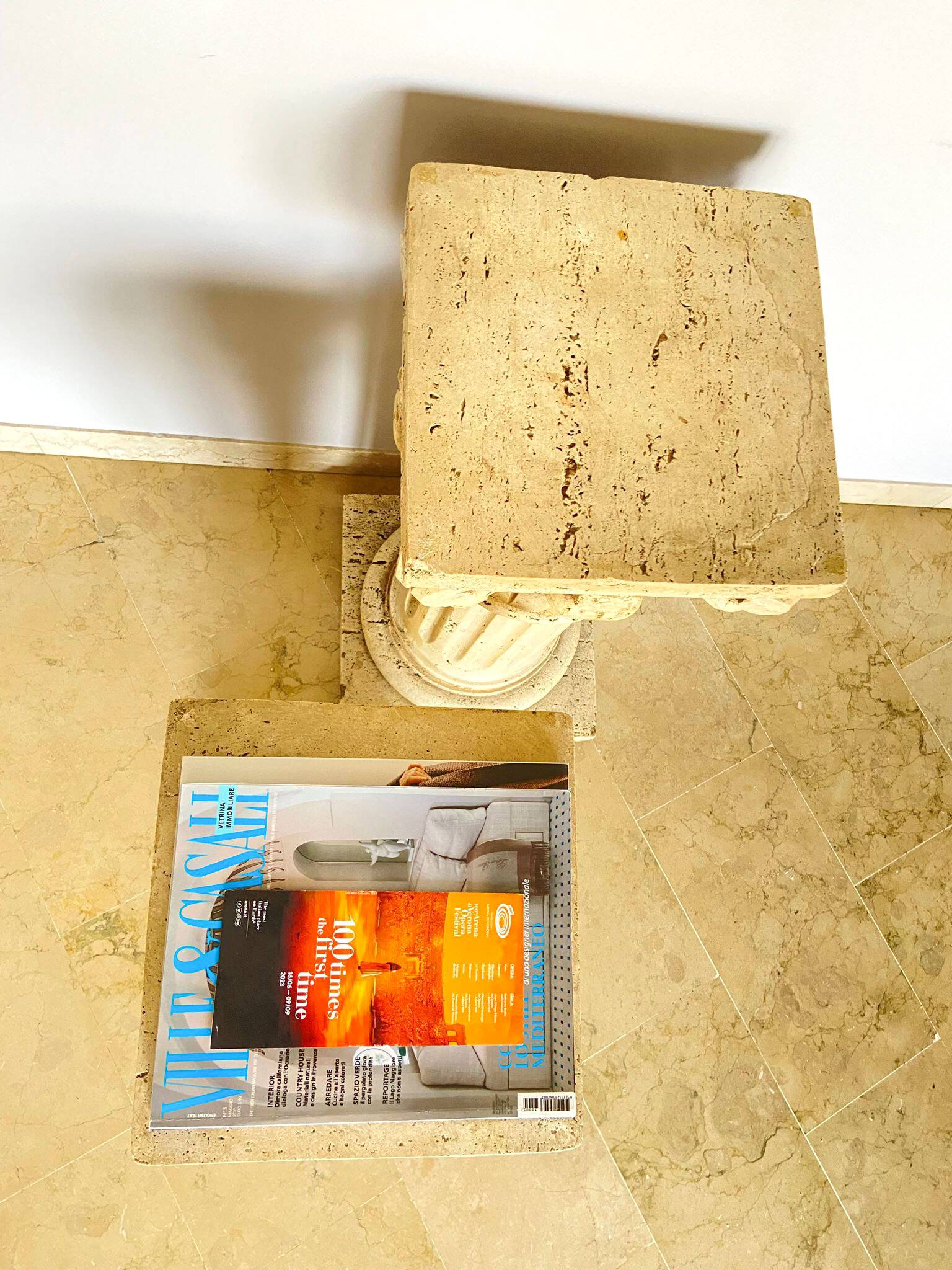 Pair of columns, corinthian style capitals in travertine, italy 1940s