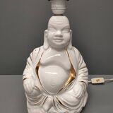 Seated Buddha lamp base ~ glazed and gold white ceramic ~ 80s